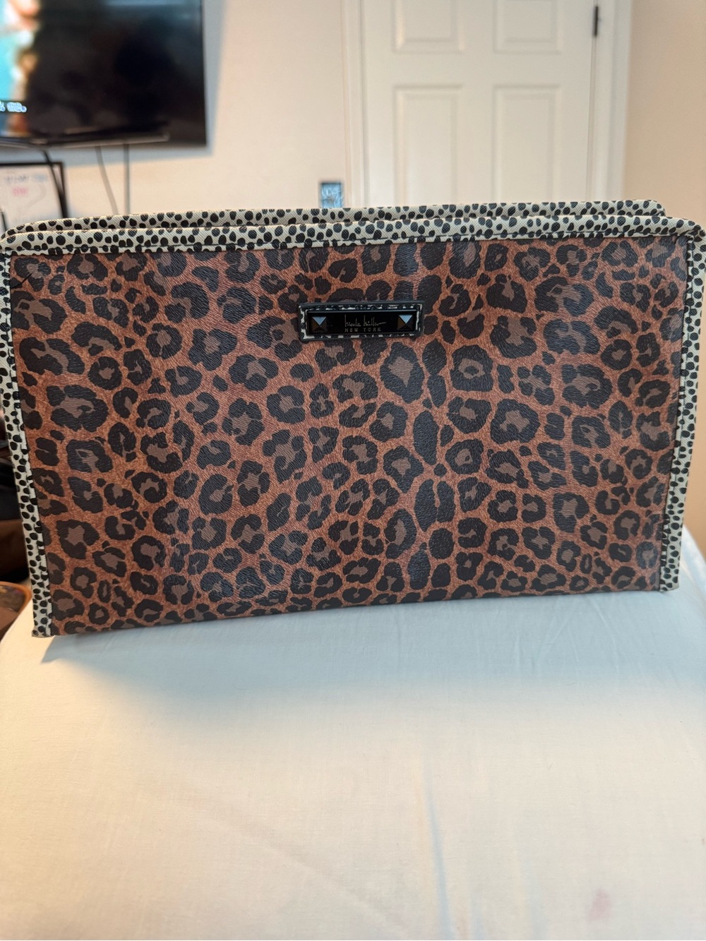 Nicole Miller Leopard-Print Cosmetic Bag in Brown with Black Trim